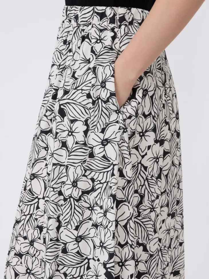 Printed poplin pleated skirt - BLACK