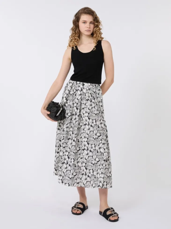 Printed poplin pleated skirt - BLACK