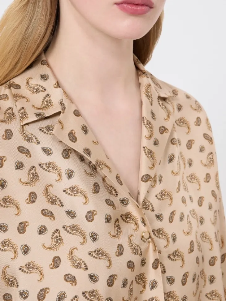 Printed silk boxy shirt - BEIGE