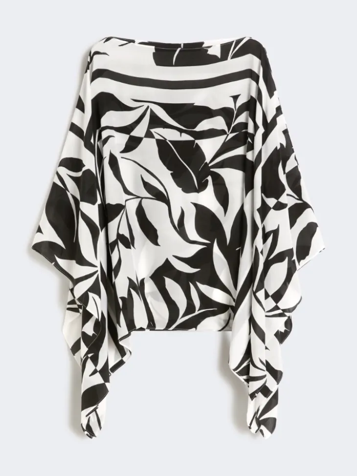 Printed silk poncho - BLACK