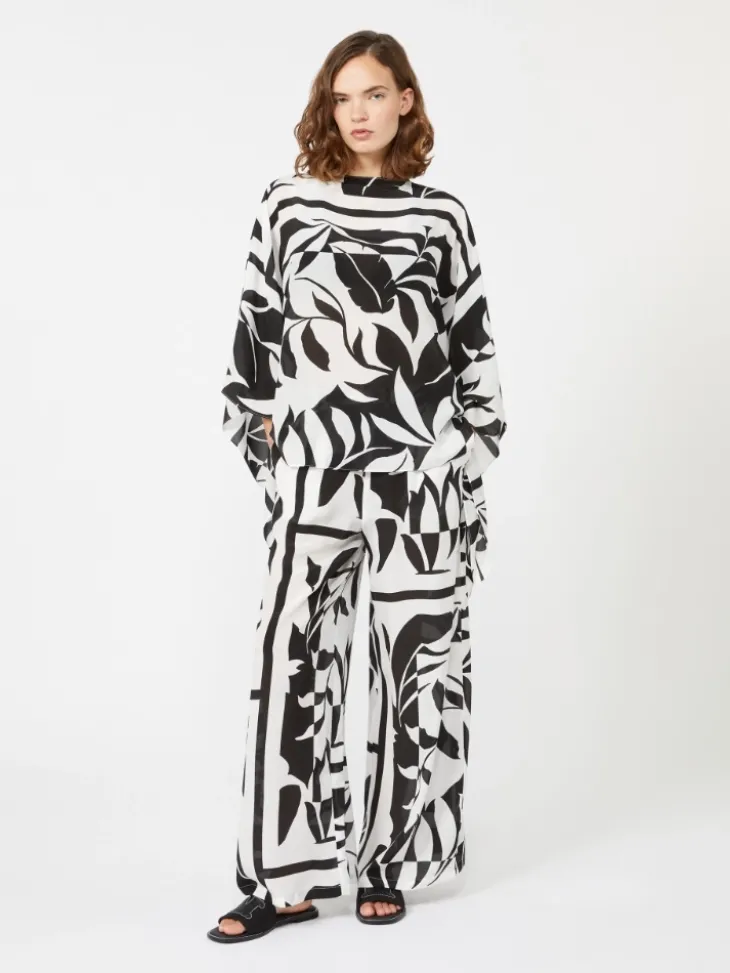 Printed silk poncho - BLACK