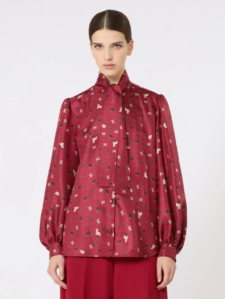 Printed silk pussy-bow shirt - RED
