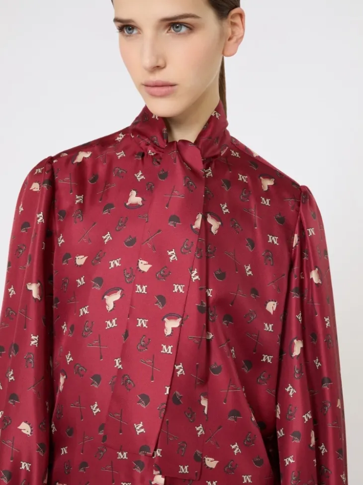 Printed silk pussy-bow shirt - RED