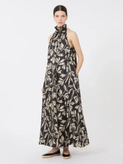 Printed silk twill dress - BLACK