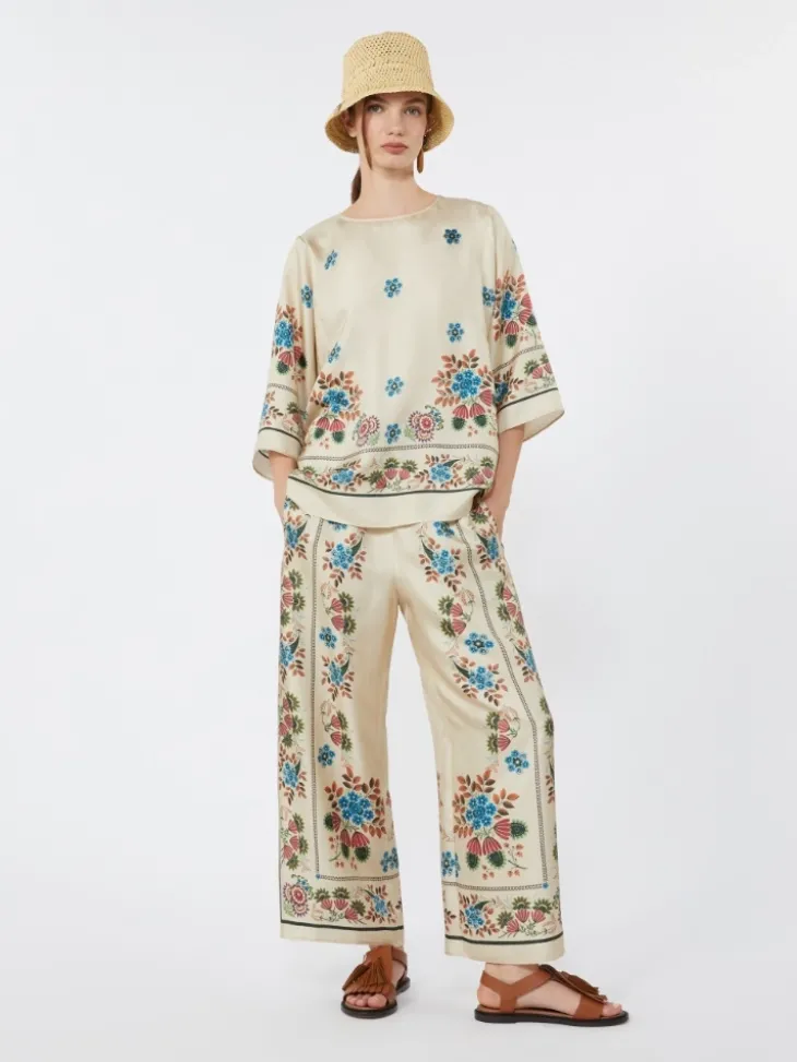 Printed silk twill trousers - IVORY