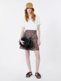 Printed stretch cotton short skirt - TOBACCO