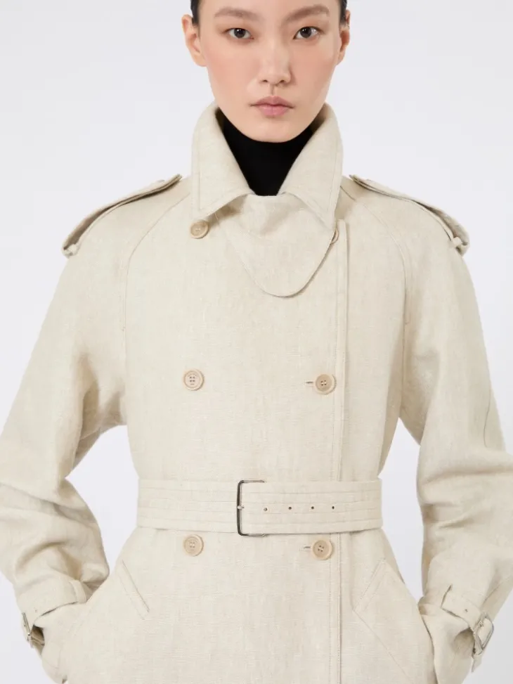 Pure linen drill double-breasted duster coat - SAND