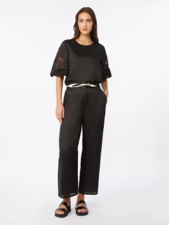 Ramie gauze and broderie anglaise T-shirt - BLACK