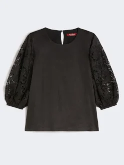 Ramie gauze and broderie anglaise T-shirt - BLACK