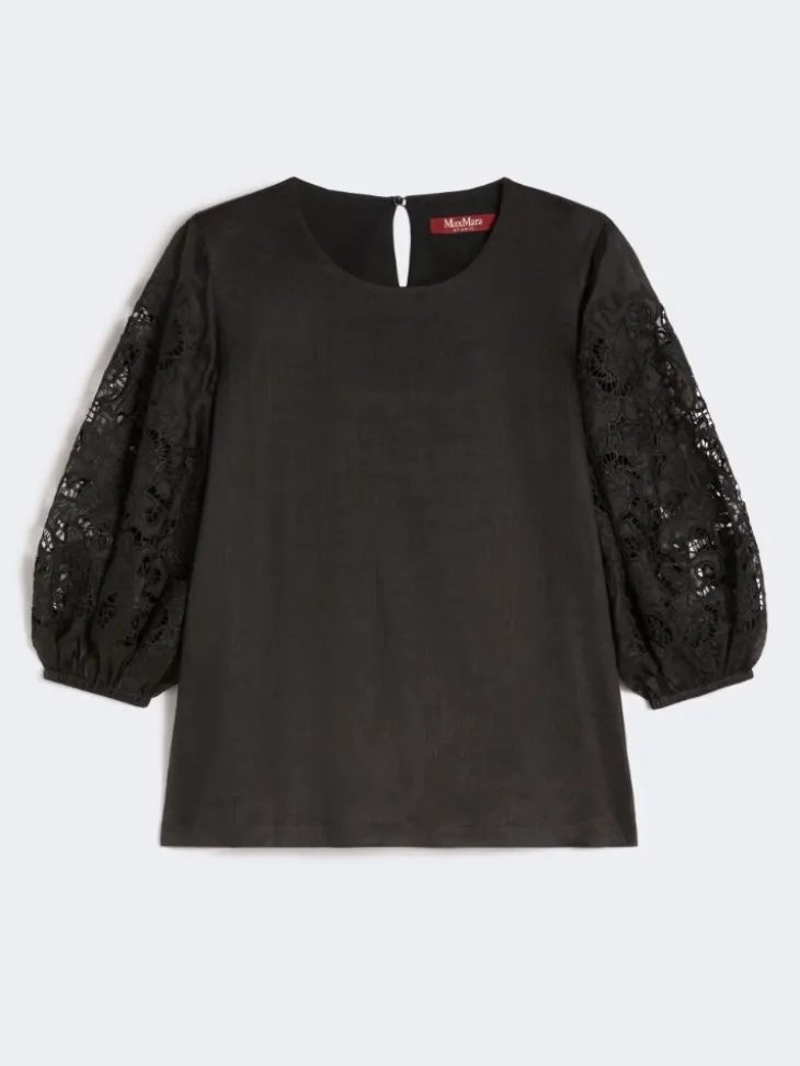 Ramie gauze and broderie anglaise T-shirt - BLACK