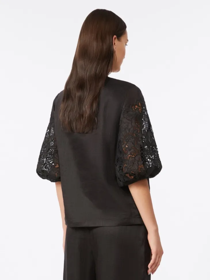 Ramie gauze and broderie anglaise T-shirt - BLACK