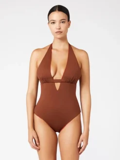 Reversible nylon V-neck swimsuit - CHOCOLATE