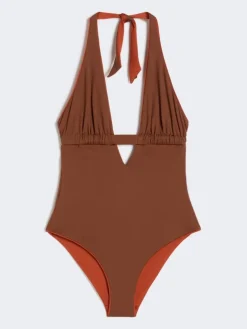 Reversible nylon V-neck swimsuit - CHOCOLATE