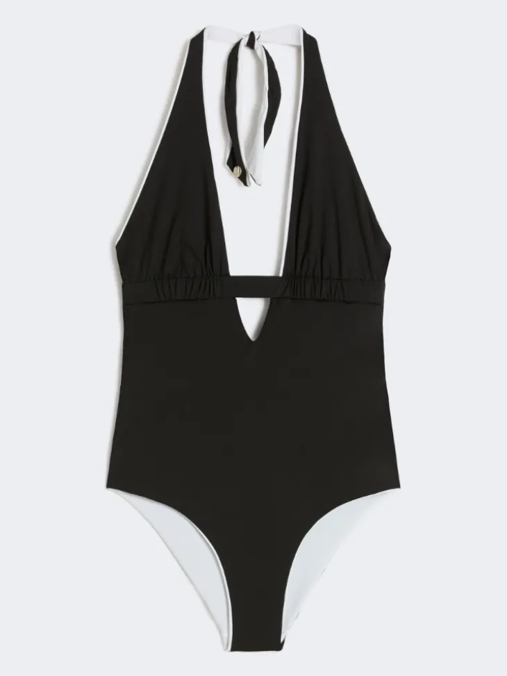 Reversible nylon V-neck swimsuit - BLACK