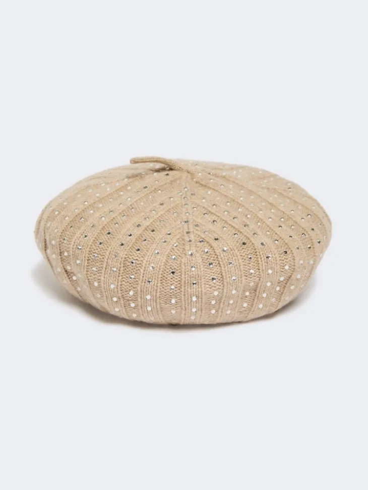 Rhinestone-adorned cashmere beret - SAND