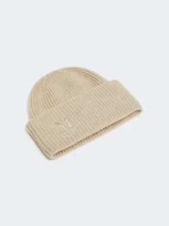 Rib-knit cashmere beanie hat - BEIGE