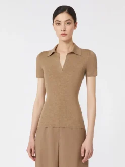 Rib-knit wool polo shirt - GOLD BEIGE BROWN