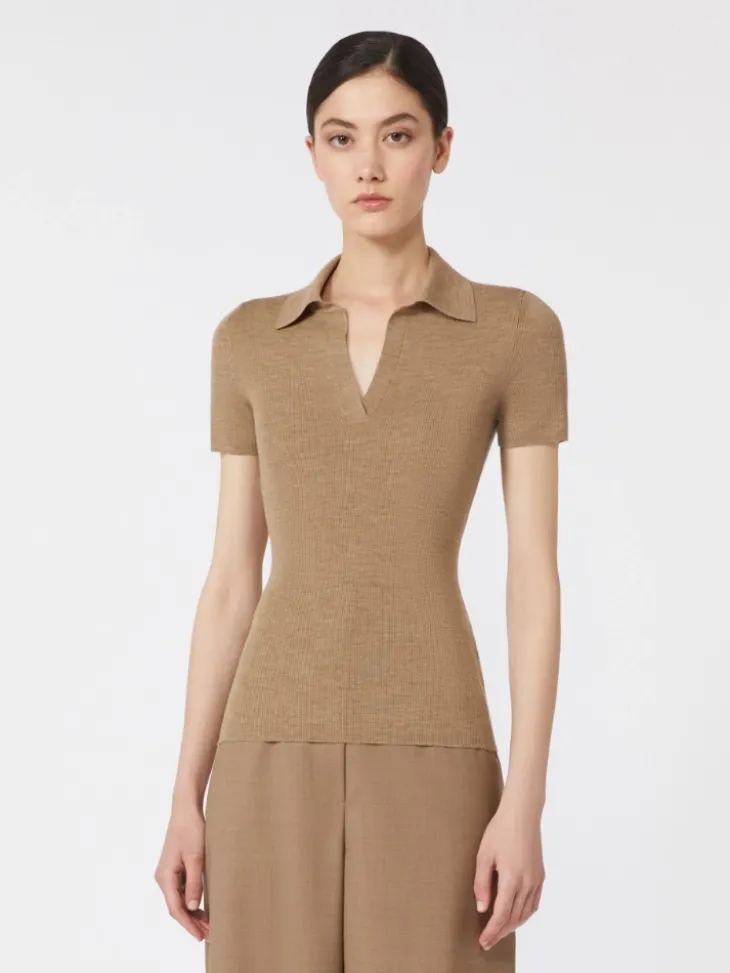 Rib-knit wool polo shirt - GOLD BEIGE BROWN