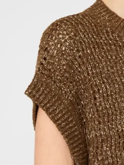 Sequin-adorned mesh-knit cotton sweater - HAZELNUT BROWN