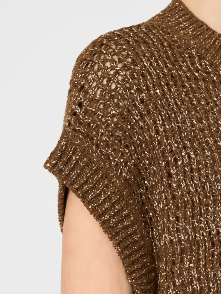 Sequin-adorned mesh-knit cotton sweater - HAZELNUT BROWN