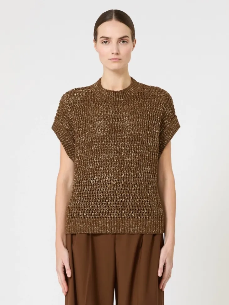 Sequin-adorned mesh-knit cotton sweater - HAZELNUT BROWN