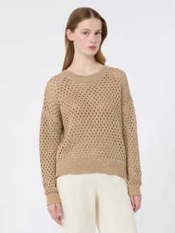 Sequinned cotton boxy sweater - CAMEL