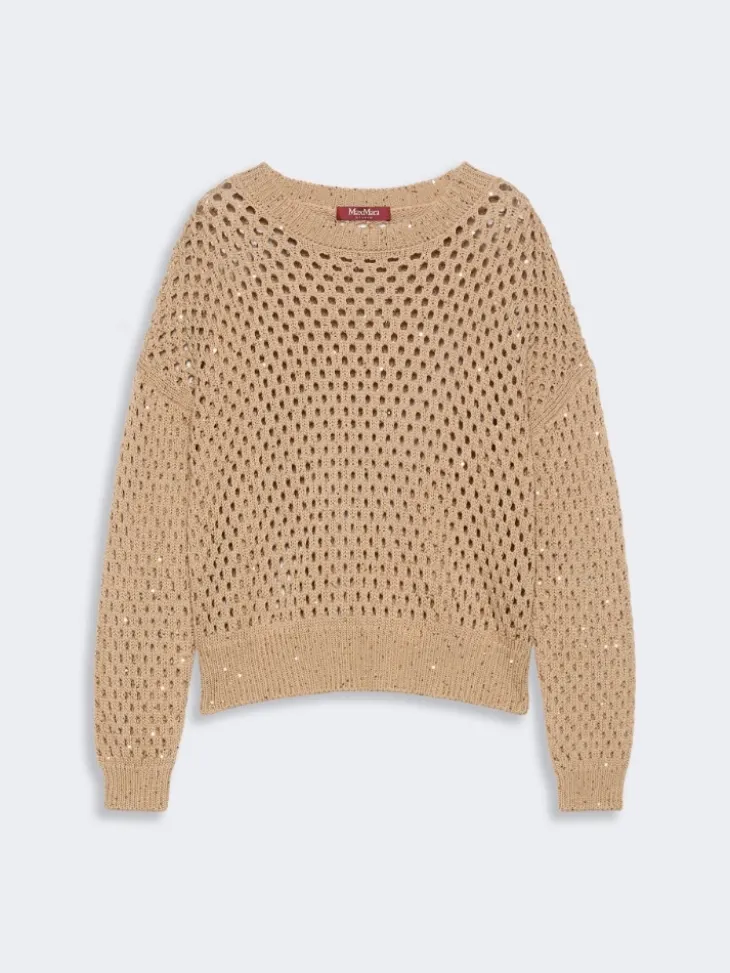 Sequinned cotton boxy sweater - CAMEL