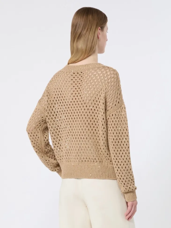 Sequinned cotton boxy sweater - CAMEL
