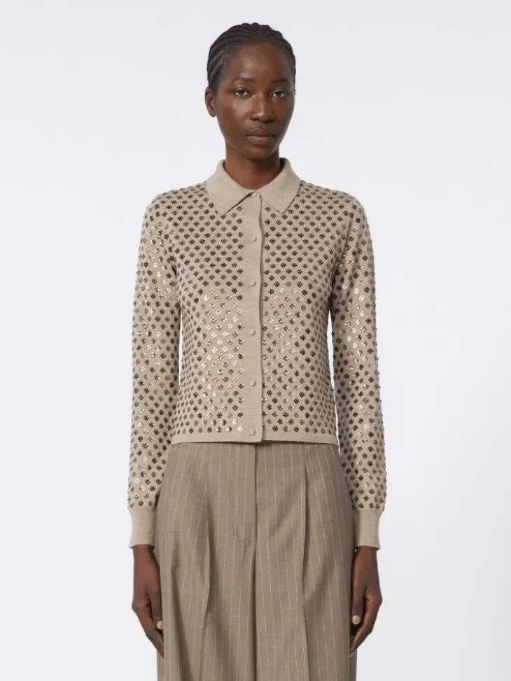 Sequinned wool cardigan - BROWN