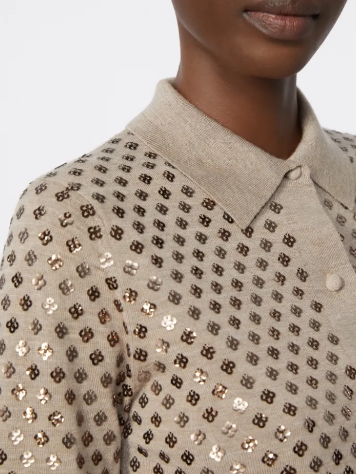 Sequinned wool cardigan - BROWN