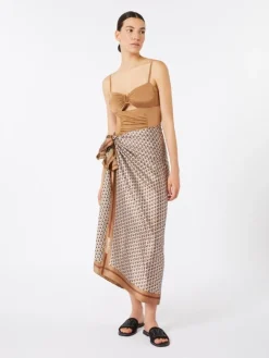 Shiny jersey bandeau swimsuit - CAMEL