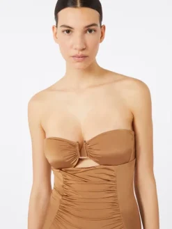 Shiny jersey bandeau swimsuit - CAMEL