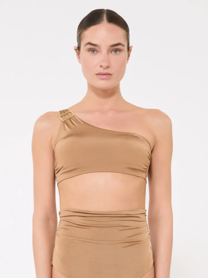 Shiny jersey one-shoulder bikini top - CAMEL
