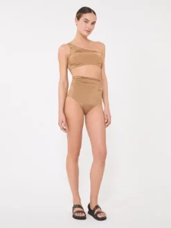 Shiny jersey one-shoulder bikini top - CAMEL