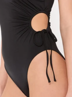 Shiny jersey one-shoulder swimsuit - BLACK