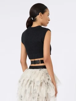 Sleeveless cropped jumper in smooth cotton - BLACK