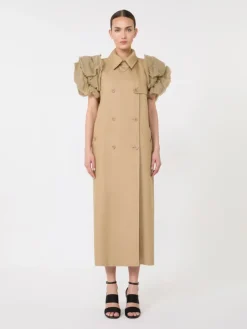 Sleeveless duster coat in linen basketweave with ruffles - CAMEL
