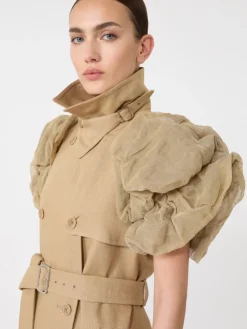 Sleeveless duster coat in linen basketweave with ruffles - CAMEL