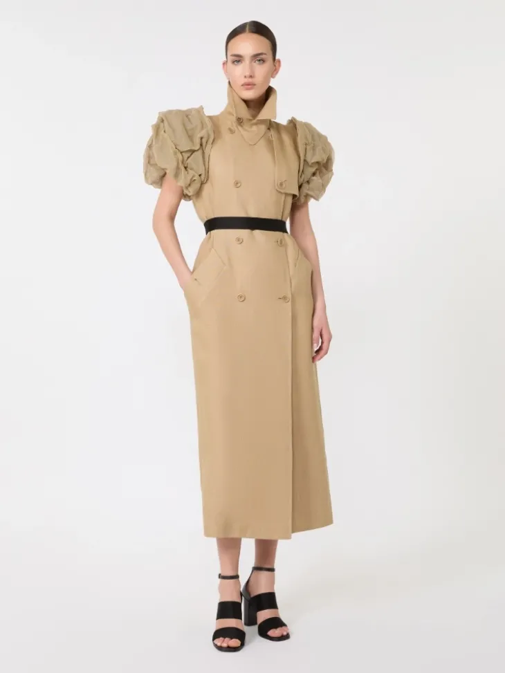 Sleeveless duster coat in linen basketweave with ruffles - CAMEL