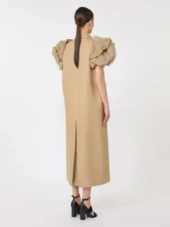 Sleeveless duster coat in linen basketweave with ruffles - CAMEL