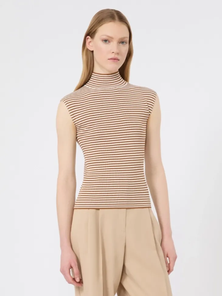 Sleeveless viscose crepe polo-neck sweater - CARAMEL