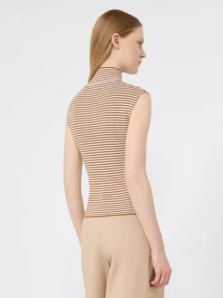 Sleeveless viscose crepe polo-neck sweater - CARAMEL