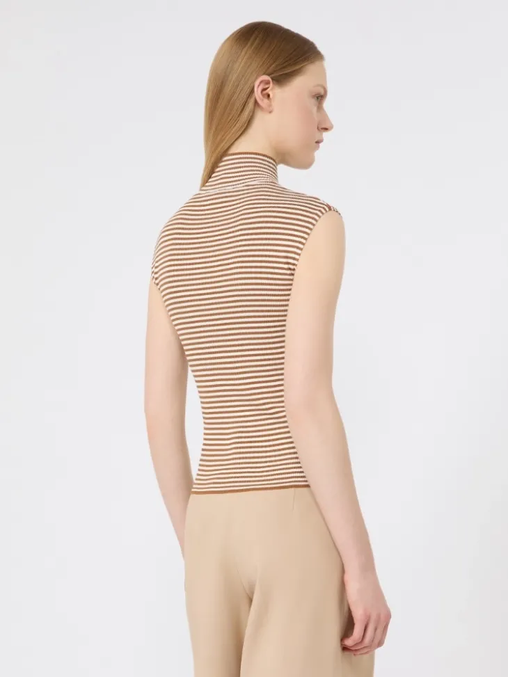 Sleeveless viscose crepe polo-neck sweater - CARAMEL