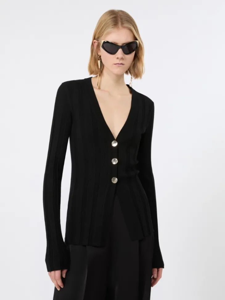Slim-fit rib-knit viscose cardigan - BLACK