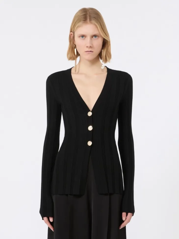 Slim-fit rib-knit viscose cardigan - BLACK