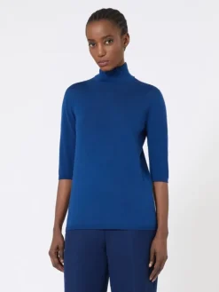Stockinette-stitched wool polo-neck sweater - CHINA BLUE