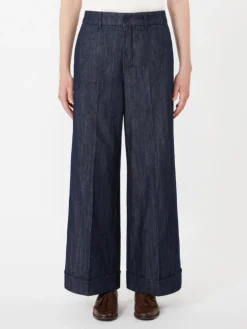 Straight-fit cotton and linen denim trousers - MIDNIGHTBLUE