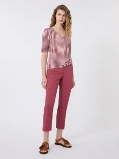 Stretch linen jersey V-neck T-shirt - CHERRY