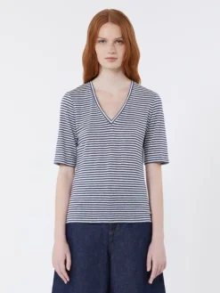 Stretch linen jersey V-neck T-shirt - ULTRAMARINE