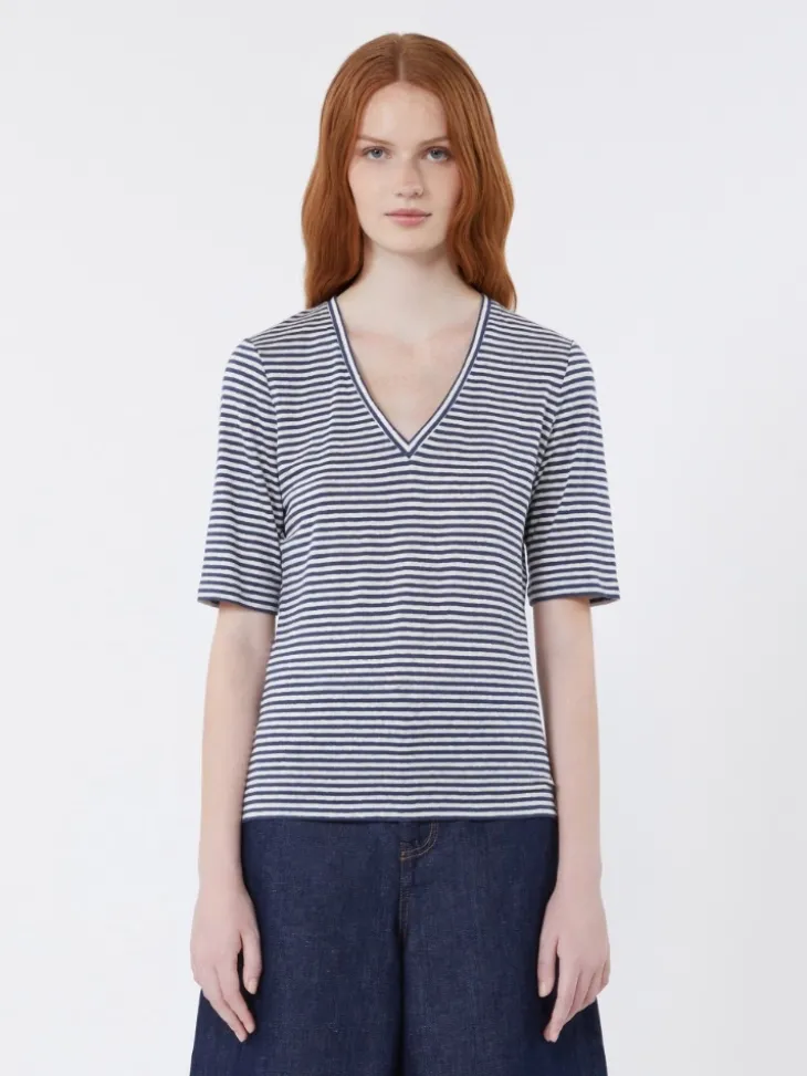 Stretch linen jersey V-neck T-shirt - ULTRAMARINE